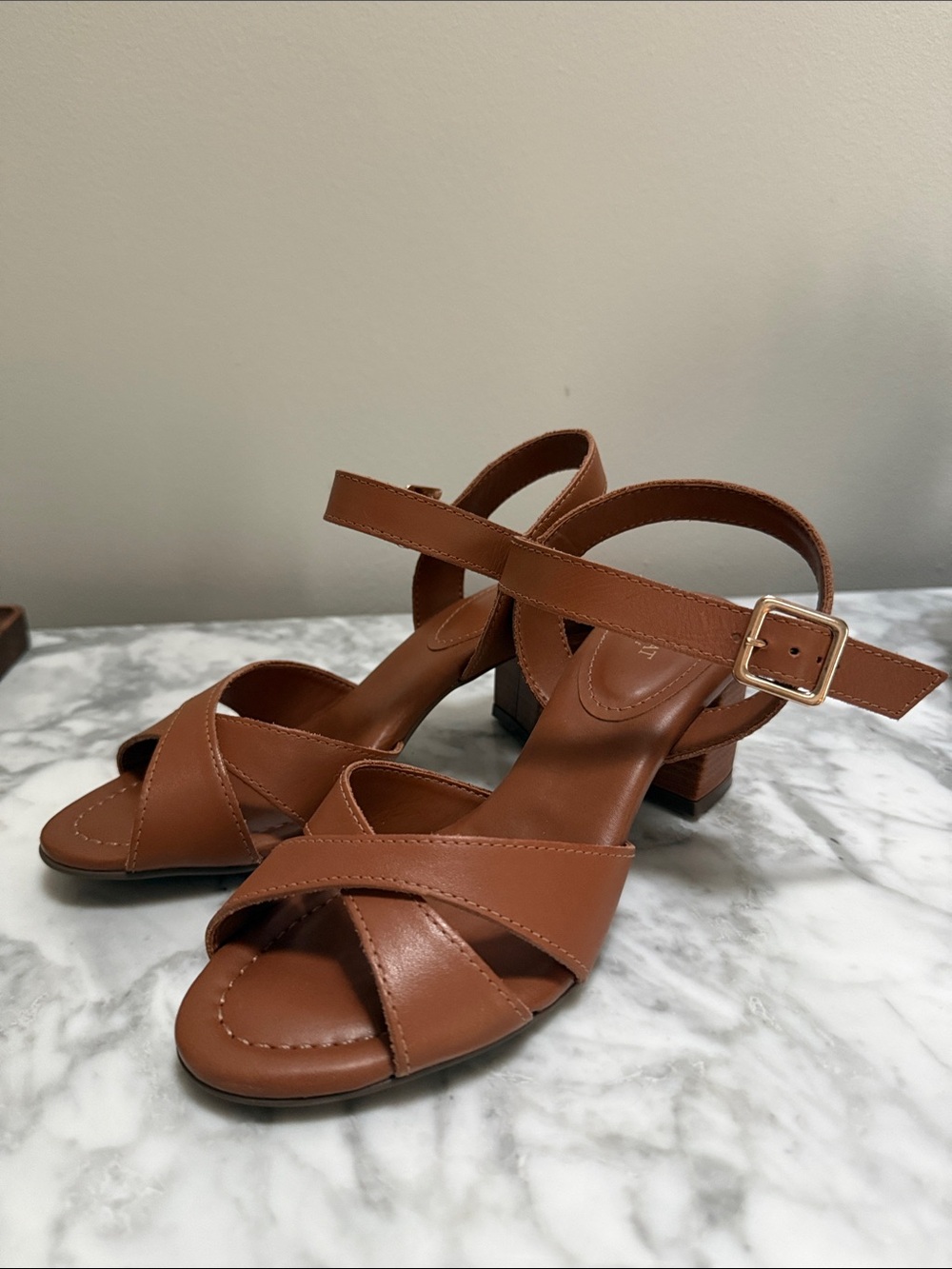 Women's Tan Leather Block Heel Sandals with Ankle Strap